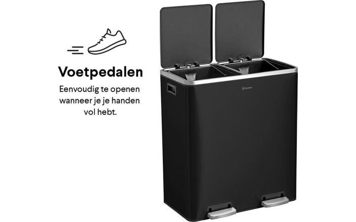 Homra QUICKX Duo - Poubelle - Séparation des déchets - 2 compartiments - acier inoxydable - 60 litres (2x30 L) - Noir