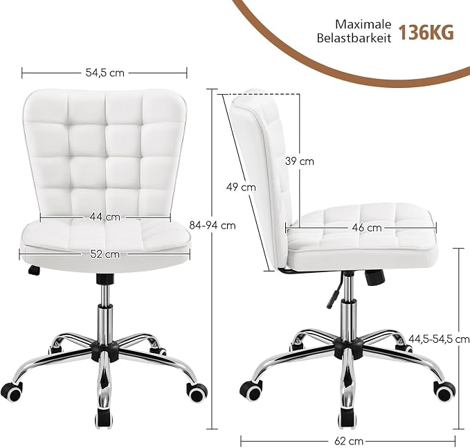 Chaise de bureau Yaheetech – Simili cuir blanc – Réglable en hauteur – 63 x 54,5 x 94 cm