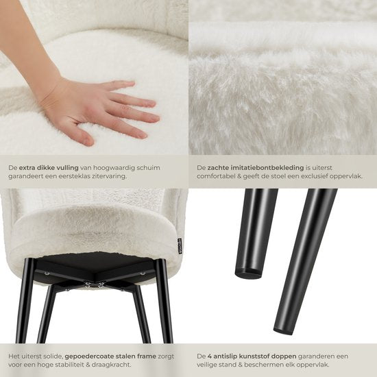 tectake® Fauteuil Stella - Fauteuil avec accoudoir - Chaise de salle à manger confortable - Chaise de cuisine - Rembourrage épais - Pour le salon et la salle à manger - Avec revêtement en fausse fourrure - crème/noir