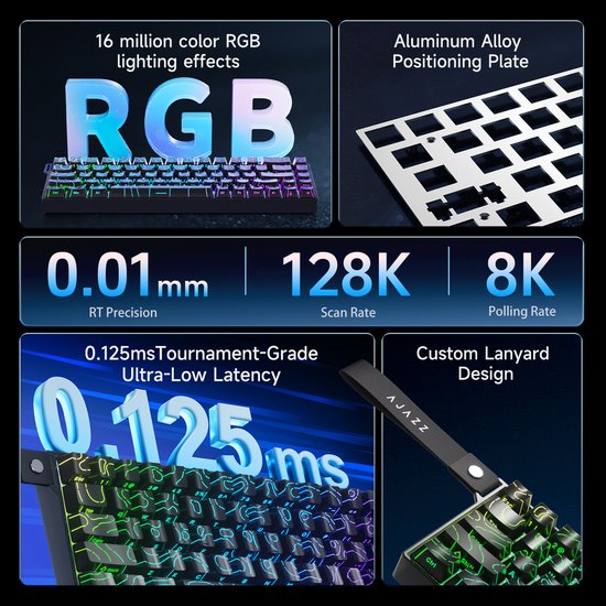 Ajazz AK680 V2 HE - Clavier gaming filaire à 65 % - Touches magnétiques - Effet Hall - Rapid Trigger - QWERTY - Contour noir