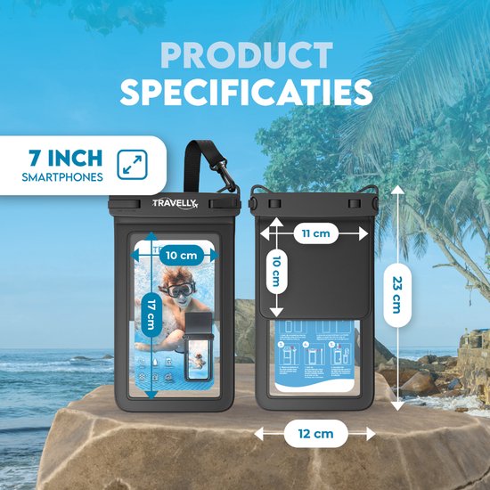 Travelly® Waterproof Phone Case With Extra Storage Compartment - Universal Underwater Case for Smartphone - Convient à tous les téléphones - Drybag - Pour les vacances, la natation et les sports nautiques - Noir
