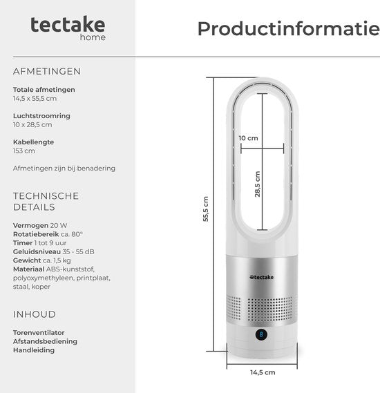 tectake® Tower Fan Polar - Ventilateur de colonne avec télécommande - 8 vitesses et minuterie - Fonction de rotation à 80° - Ventilateur silencieux (35-55dB) - Debout avec panneau de contrôle LED - 55,5 cm de haut - Refroidisseur d'air - Blanc