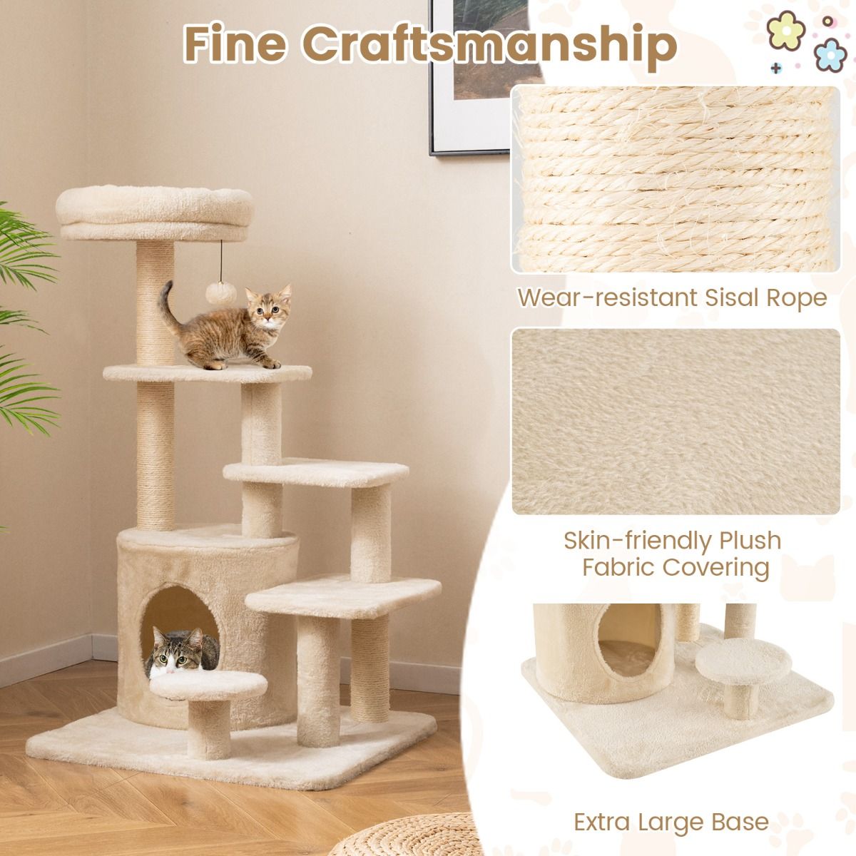 Arbre à chat Coast - plusieurs étages - poteaux à griffer en sisal - beige/gris - 102 cm
