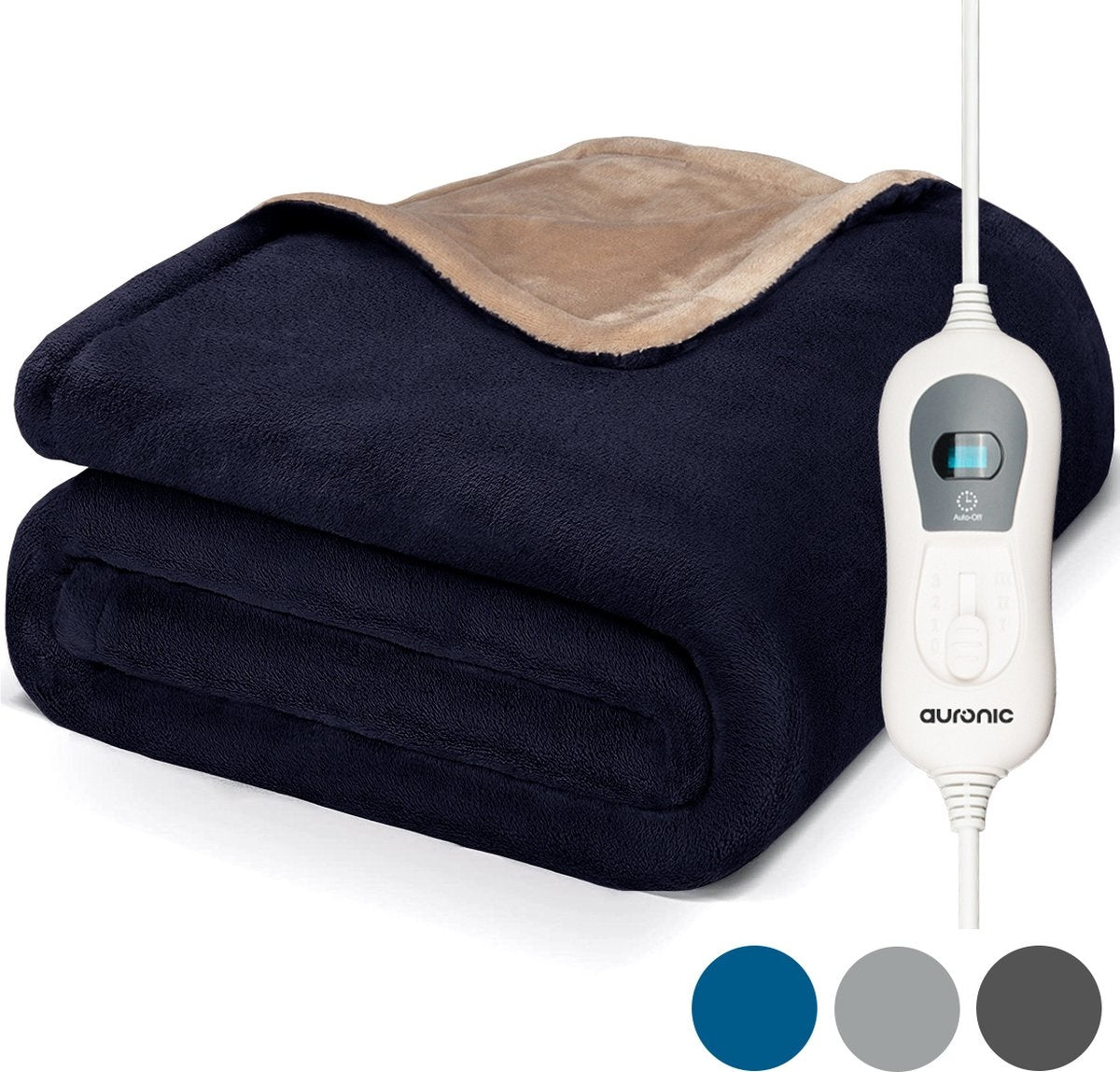 Couverture chauffante électrique - Auronic - 2 personnes - 3 niveaux - Avec minuterie - 200 x 180 cm - Bleu