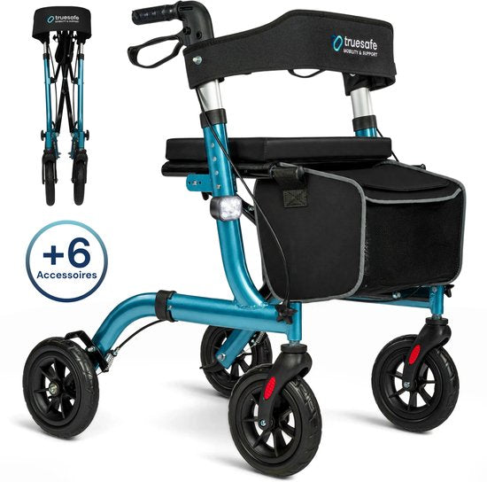 Rollator TrueSafe léger et pliable (6,9 kg) - Pour l'intérieur et l'extérieur - Avec coussin d'assise ergonomique, éclairage, dossier, support pour canne et bien plus encore - Bleu