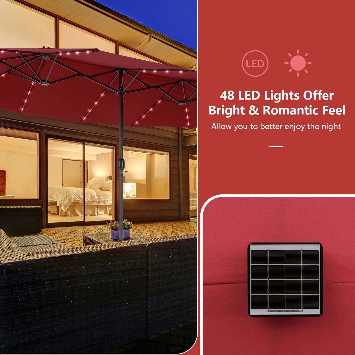 Parasol double Coast - Éclairage à 48 LED à énergie solaire - manivelle - rouge vin 470 x 280 cm