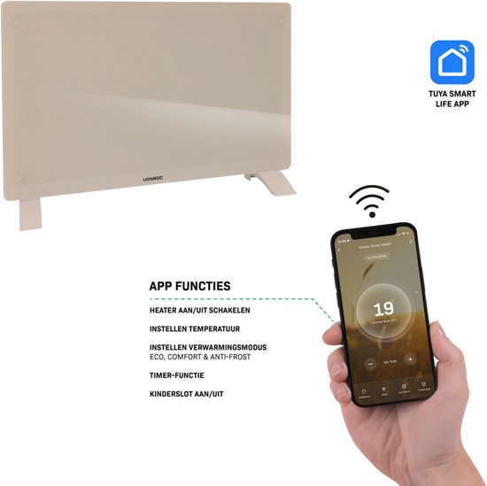 VONROC Chauffage électrique de luxe - Convecteur avec panneau en verre - 1000W/2000W- Chauffe les pièces jusqu'à 24m2 - Contrôlé par l'application (via Wifi) et manuellement - Thermostat et minuterie réglables - Beige