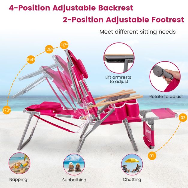 Chaise de plage pliable Coast 66 x 149 x 56 cm - 3-en-1 - Repose-pieds/ouverture au niveau du visage - Rouge rose