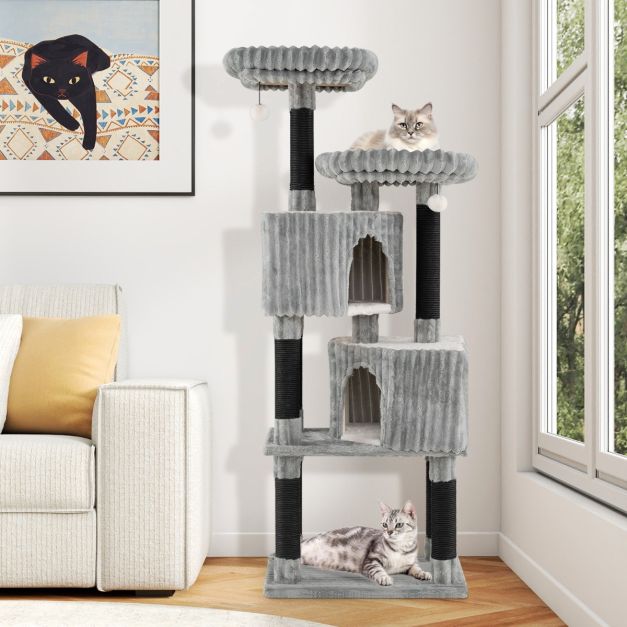 Arbre à chat Costway - 2 maisonnettes et 2 couchages - 59 x 40 x 156 cm - Gris clair