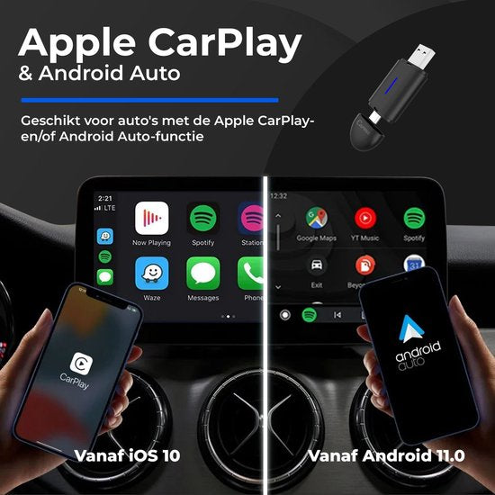 CarMe Mini 2-en-1 pour CarPlay - USB-A et USB-C - CarPlay et Android Auto sans fil - Dongle Android Auto - Noir