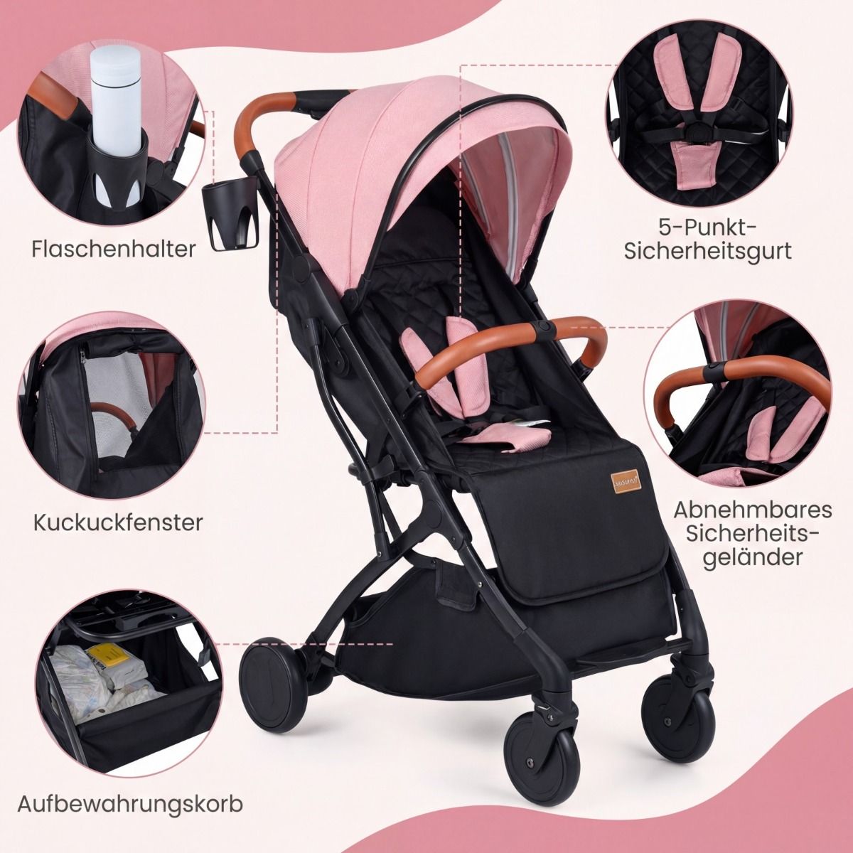 Poussette Coast - pliable - dossier et repose-pieds réglables - rose