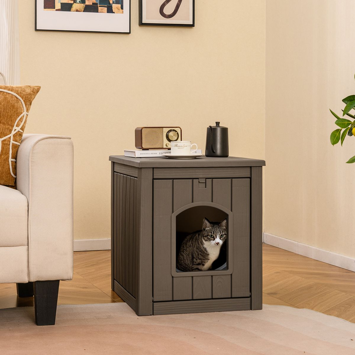 Maison pour chat Coast pour l'intérieur et l'extérieur - Meuble-litière dissimulé - Porte battante à l'avant - Noir et marron clair