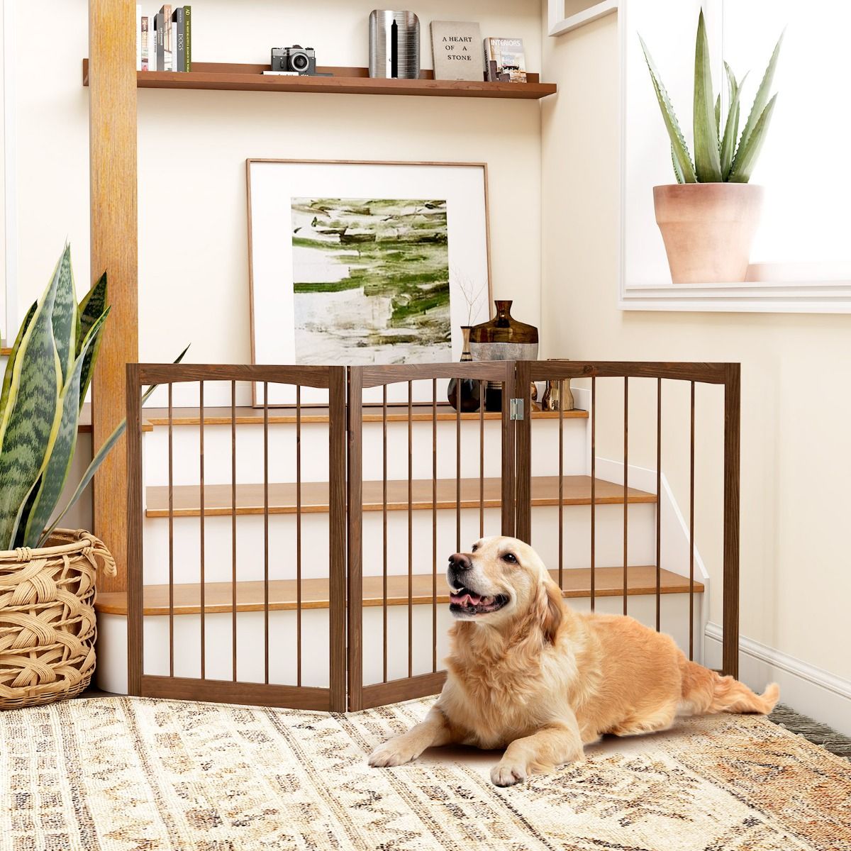 Barrière de sécurité pour chiens Coast - Barrière de protection pliable en 3 parties - autonome - marron 159 x 76 cm