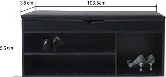Meuble à chaussures banc d'entrée avec rangement - meuble à chaussures - avec coussin d'assise noir