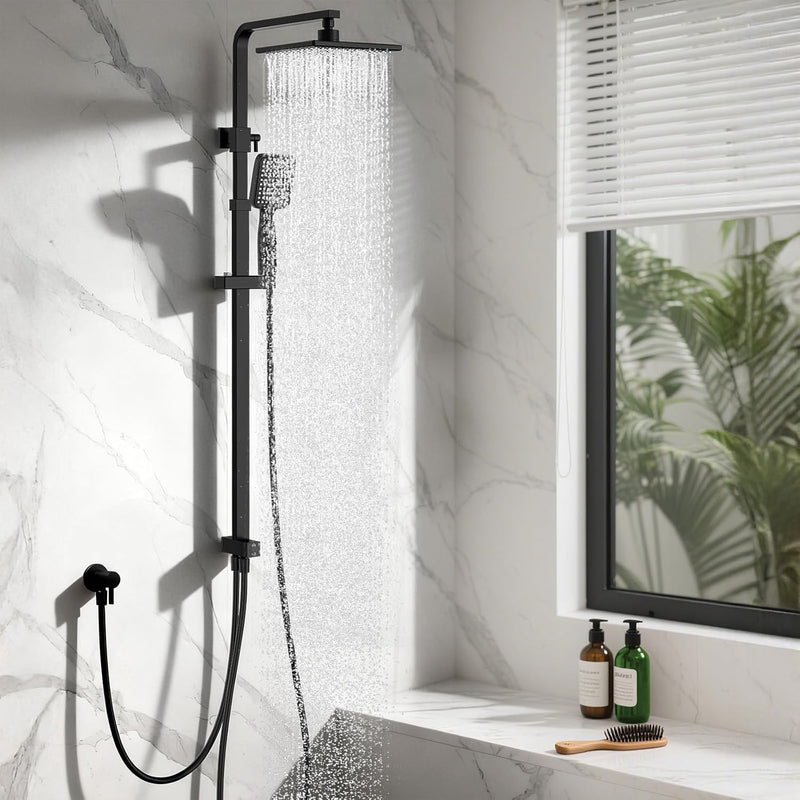 Ensemble de douche à effet pluie HOMELODY sans robinet – Douche de tête 20 x 20 cm – Douchette à main – Barre de douche réglable – Noir