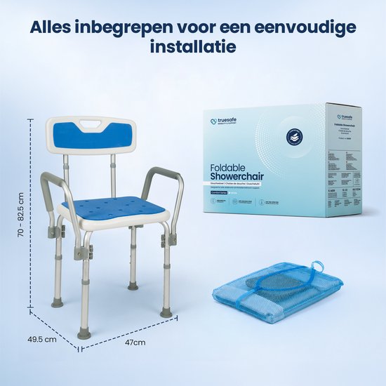 Chaise de douche Truesafe avec dossier et accoudoirs amovibles - Tabouret de douche - Chaise de salle de bain - Antidérapante - Hauteur réglable - Max. 130 kg + sac de douche