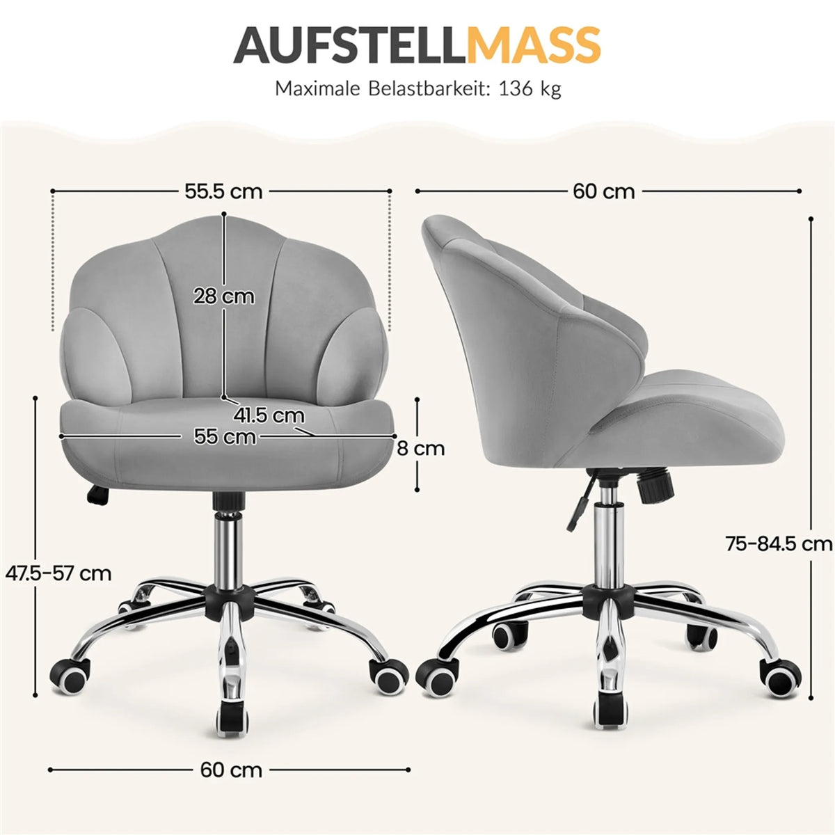 Yaheetech Chaise de bureau en forme de coquillage - avec fonction pivotante, hauteur réglable par vérin à gaz et dossier rembourré - pour le bureau à domicile et la chambre à coucher - polyester blanc et métal - 60 x 60 x 76,5-86 cm