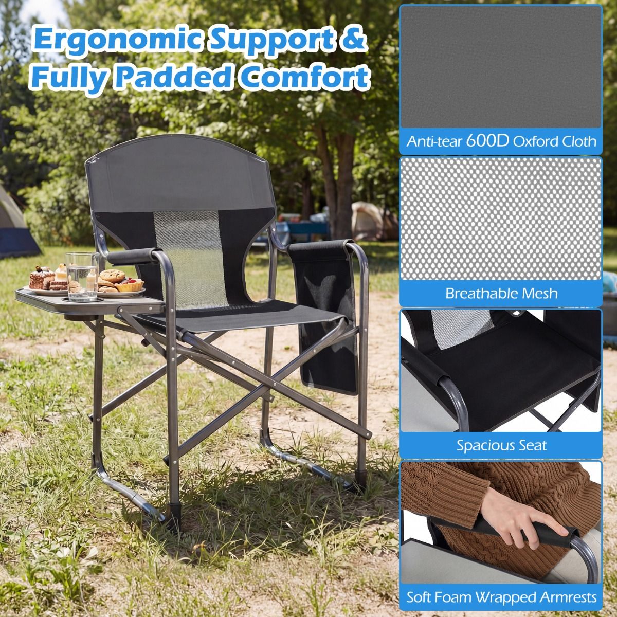 Chaise de réalisateur pliable Coast - avec table d'appoint et porte-gobelet - chaise de camping légère - marron et gris