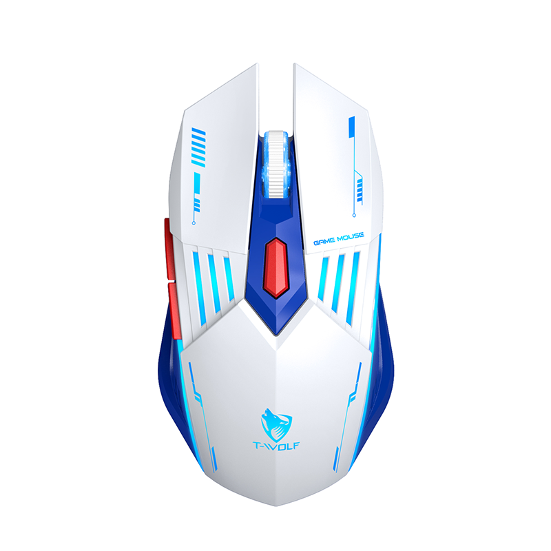 Souris gaming Rexsun Tri-Mode – Boutons 6D, 2,4 GHz + Bluetooth + filaire, DPI réglable de 800 à 3 600, recharge via Type-C, éclairage RGB pulsé, batterie de 300 mAh, blanc et bleu, X7