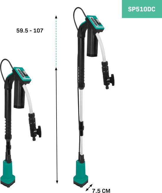 VONROC Pompe pour tonneau de pluie 12V avec batterie - 50W - 1500 lt/h - avec protection contre la marche à sec - connecteur universel pour tuyau d'arrosage - batterie et chargeur inclus