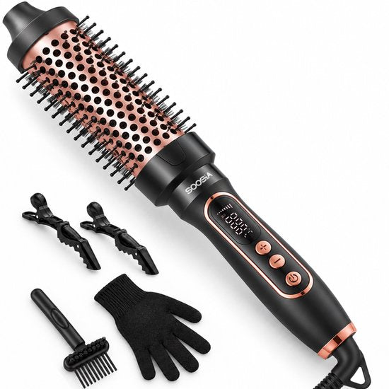 Brosse à boucler et à lisser Soosia - Brosse chauffante à plaques en céramique - Brosse thermique - Infrarouge et ions - Réglable de 110 à 210 °C