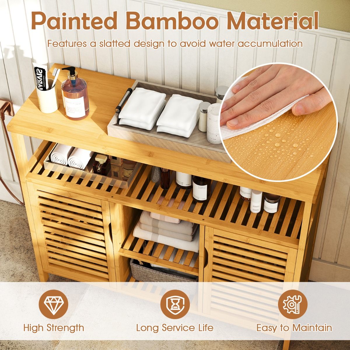 Armoire de salle de bains Coast en bambou - 2 portes - étagères ouvertes - couleur naturelle - 100 x 35 x 80 cm