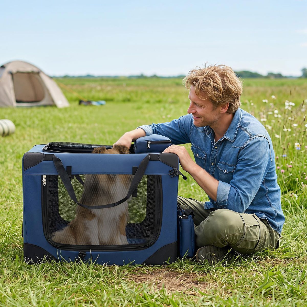 Cage de transport pliable pour chien Coast - portable - fenêtres en filet respirantes - bleu