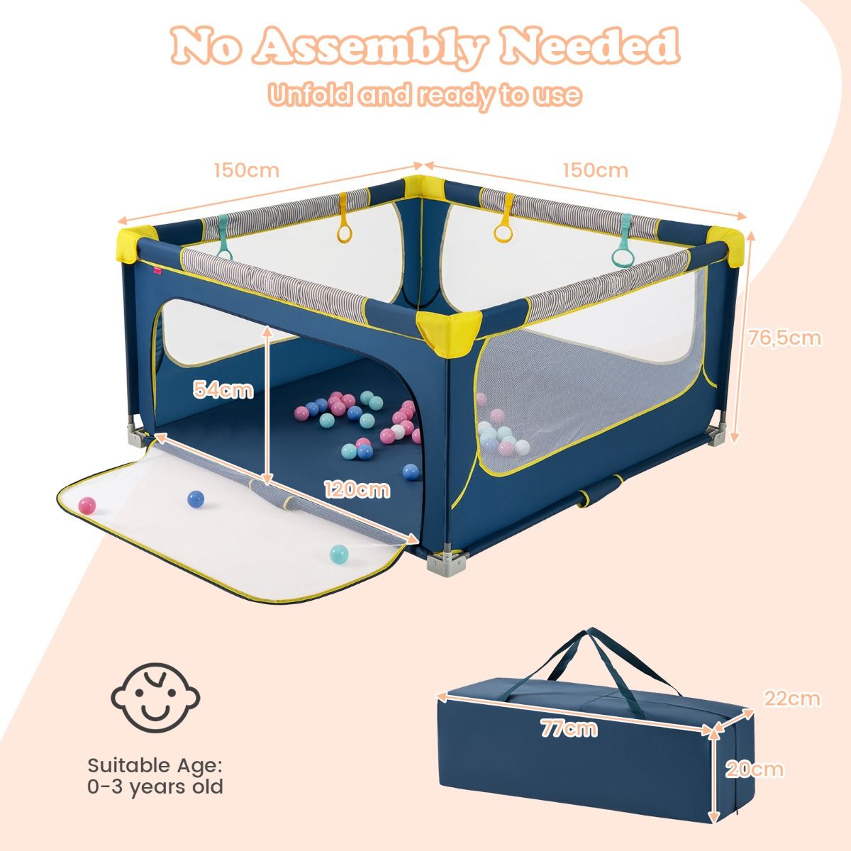 Parc pliable Coast pour bébé - Barrière de sécurité avec fermeture à glissière - 50 balles et 4 anneaux de suspension inclus - Gris 150 x 150 cm