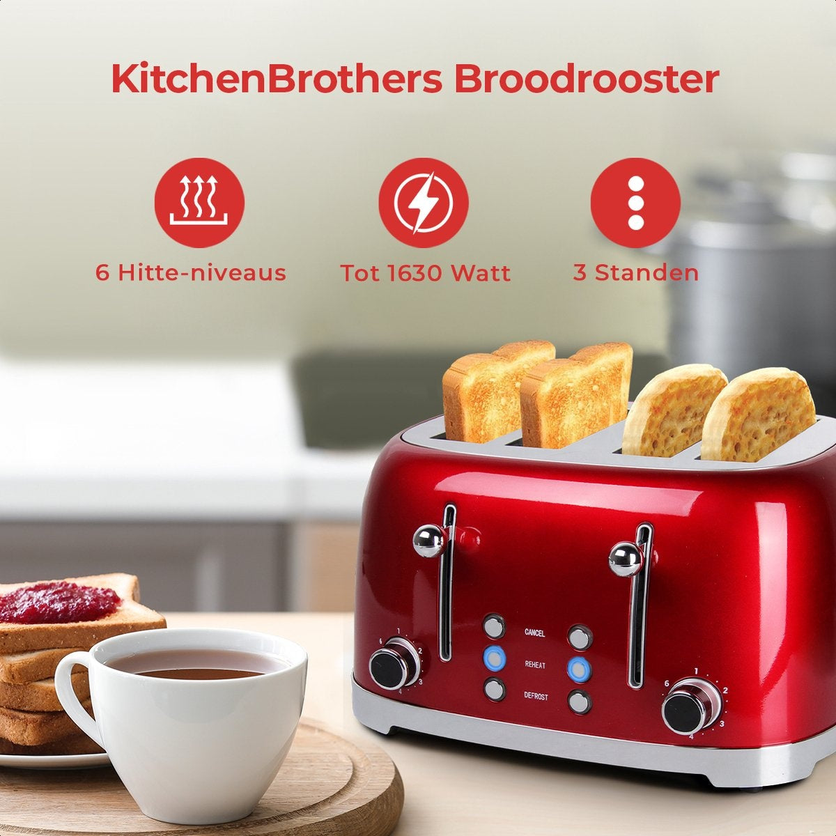 KitchenBrothers Grille-pain rétro - 6 niveaux de chaleur - 4 fentes extra-larges - 1630W - Fonctions de réchauffage et de décongélation - Rouge