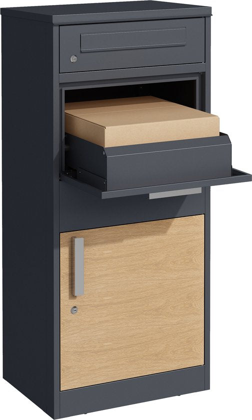 Boîte aux lettres pour colis AXI Levi en métal anthracite/aspect bois – Boîte pouvant contenir plusieurs colis – Avec serrure et compartiment séparé pour le courrier – 50,6 x 38,3 x 112 cm