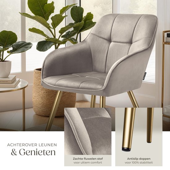 tectake® Velvet Chair - Chaise de salle à manger en velours matelassé, chaises de cuisine modernes, fauteuil confortable pour le salon, la salle à manger, la salle de séjour - taupe / gold