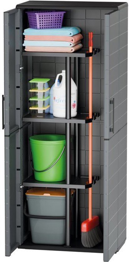 Armoire à balais - TOOD - 2 portes + 3 étagères en polypropylène - 68 x 37 x H.163 cm - Gris