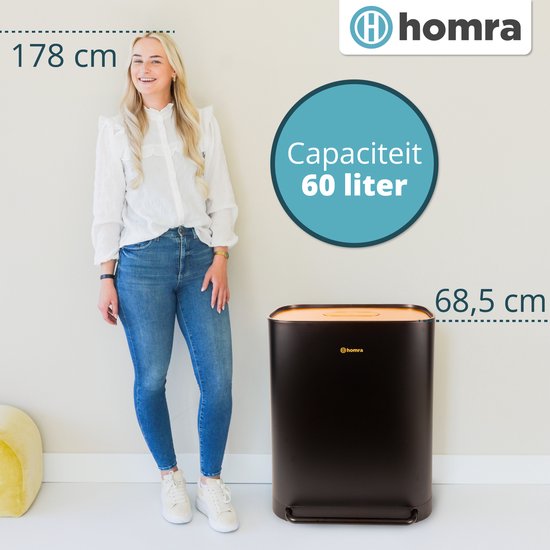 Poubelle Homra Rockx 60 litres - Poubelle à double pédale 2 x 30 L avec filtre anti-odeurs - Poubelle de tri sélectif en acier inoxydable à 2 compartiments - Poubelle de recyclage - Poubelle de cuisine - Poubelle de tri sélectif - Poubelles doubles noir e