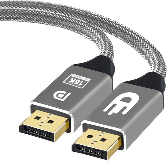 Drivv. Câble DisplayPort 2.1 - 16K 60Hz - 8K 120Hz - 4K 144Hz - 80Gbps - DisplayPort vers DisplayPort - Câble DP - 2 mètres - Gris