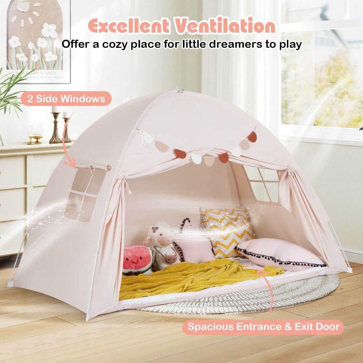 Tente pour enfants Coast pour deux personnes - Tente pliable à baldaquin - Avec fenêtres et bannière - 201 x 100 x 122 cm - Beige