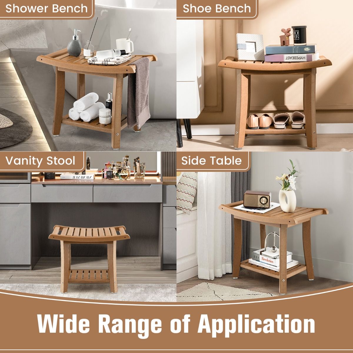 Tabouret de douche Coast - étanche - assise incurvée - tablette de rangement - marron - 60,5 x 34 x 48 cm