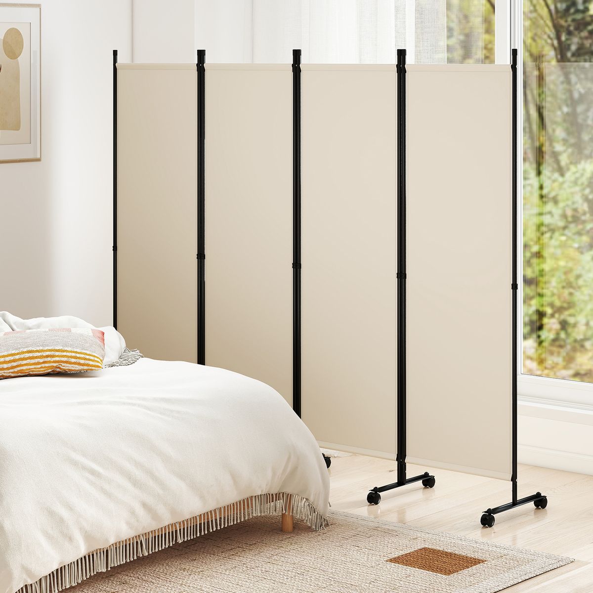 Coast : paravent à 4 panneaux sur roulettes - pliable - protège de la vue - beige - 1 pièce