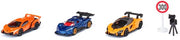 SIKU 6328, Coffret cadeau Supercars, Lamborghini Veneno, Apollo I.E., McLaren Senna, pièces articulées, avec panneau de signalisation et radar