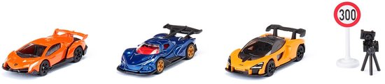 SIKU 6328, Coffret cadeau Supercars, Lamborghini Veneno, Apollo I.E., McLaren Senna, pièces articulées, avec panneau de signalisation et radar
