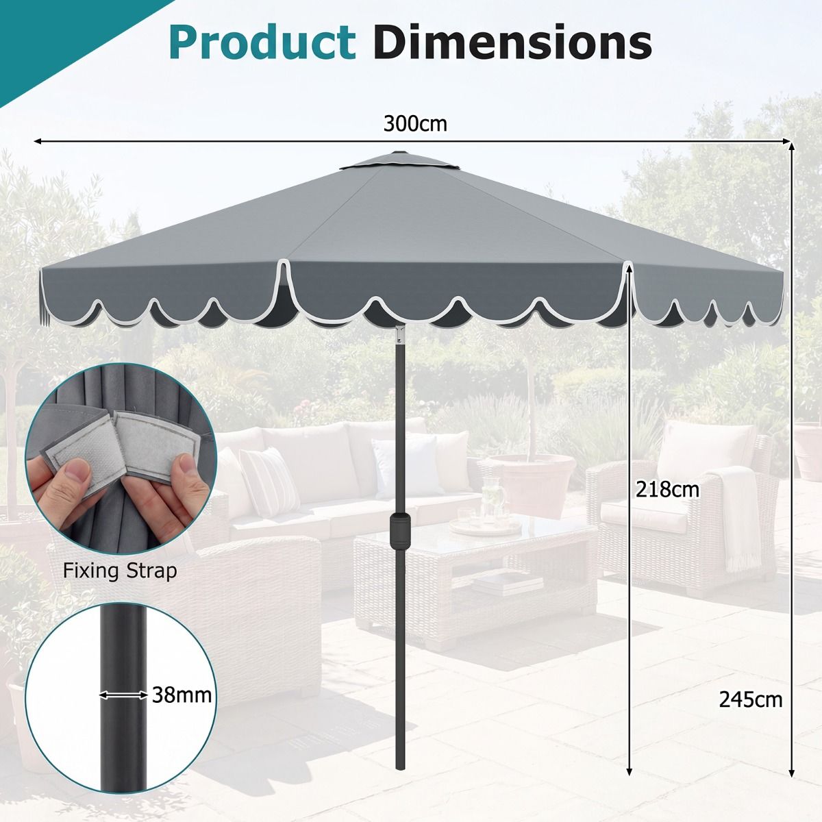Parasol de jardin double face Coast - 300 cm avec manivelle et volant - inclinable à 35° - Bleu