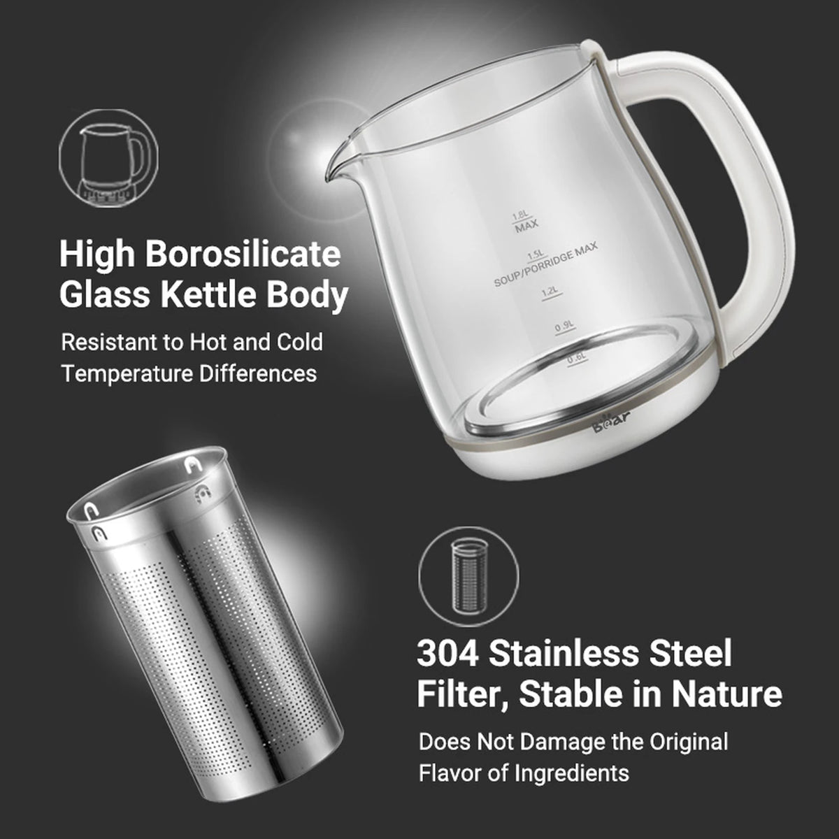 Bouilloire multifonction Bear YSH-C18R6 1,8 L – 16 en 1 – Thé, soupe et fondue – Commande numérique – Pichet en verre – 1 000-1 200 W – Blanc