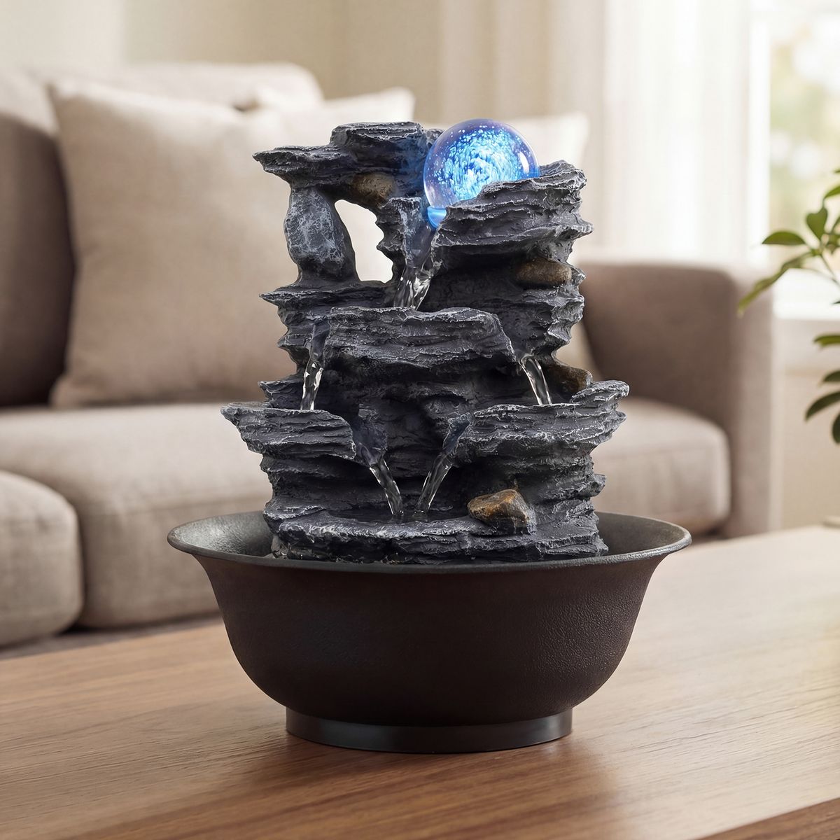 Fontaine de table Coast - Cascade effet rocher - Éclairage LED - Noir - 21,5 x 26 cm