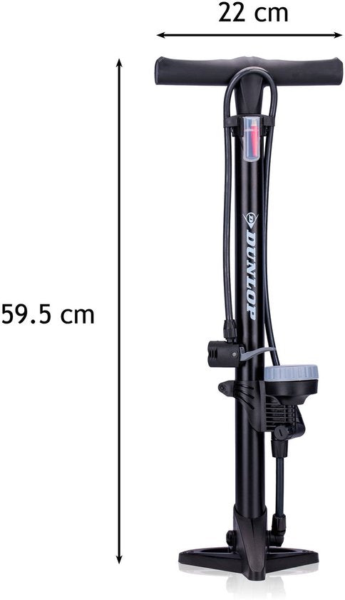 Pompe à vélo Dunlop avec manomètre et jeu d'adaptateurs de valve - Pompe sur pied 180 PSI - Compatible avec les valves Presta, Dunlop et Schrader - Raccords adaptateurs pour vélo, voiture et ballon - Boîte de rangement incluse