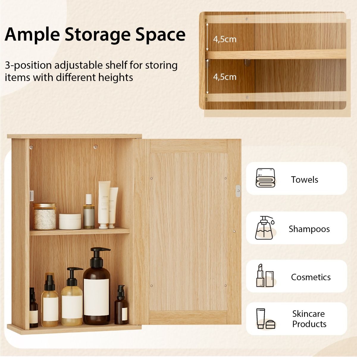 Armoire de salle de bains Coast avec miroir - Porte réversible - Étagère réglable - Naturel