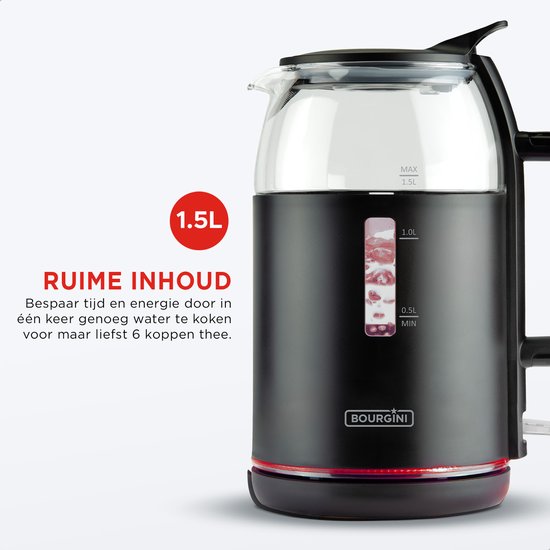 Bouilloire en verre Bourgini - Noir mat - Utilisation sans fil - Remplissage facile par le couvercle - Grande capacité de 1,5 L - Sans BPA