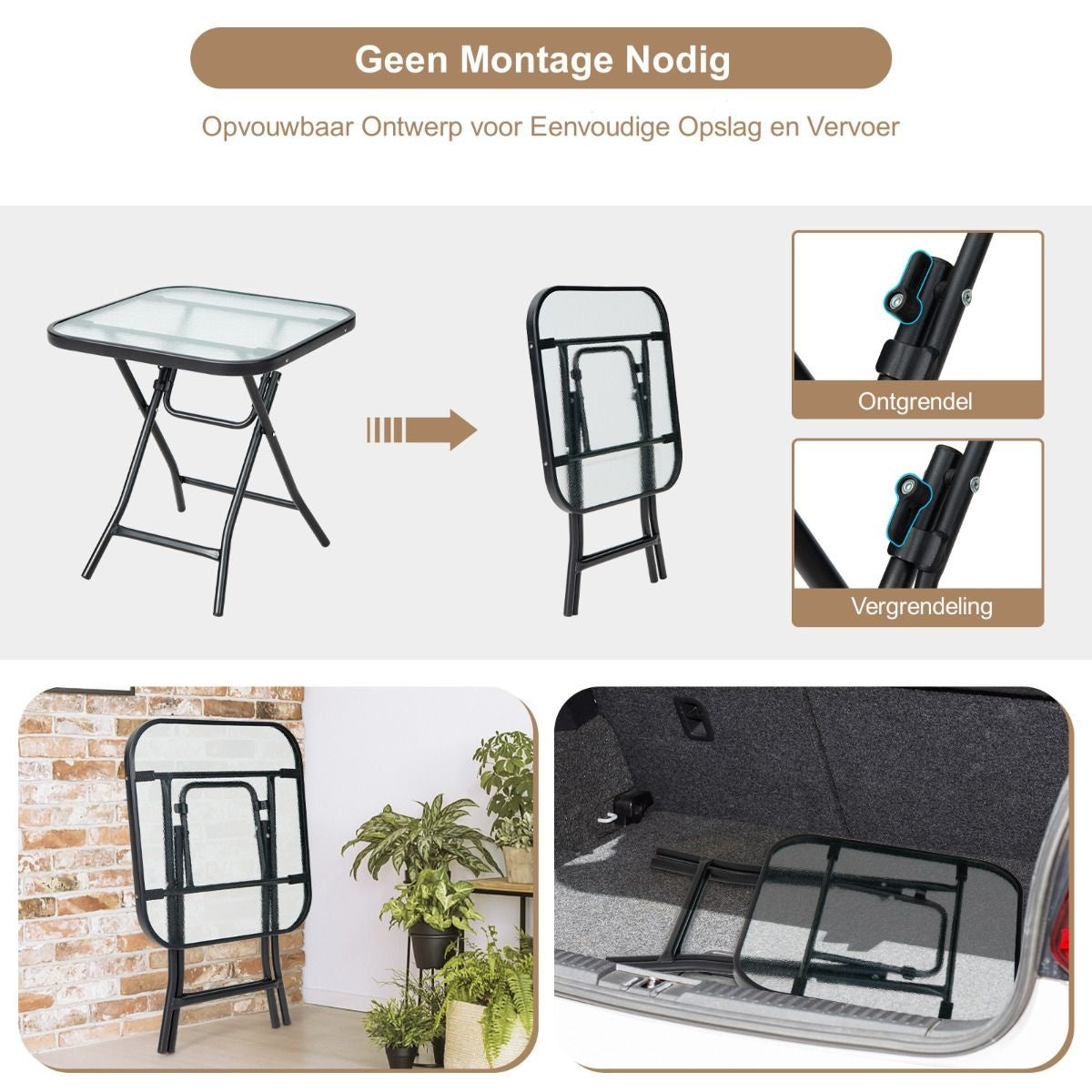 Coast Terrace table d'appoint table carrée en verre avec cadre en inox table basse pliante noire