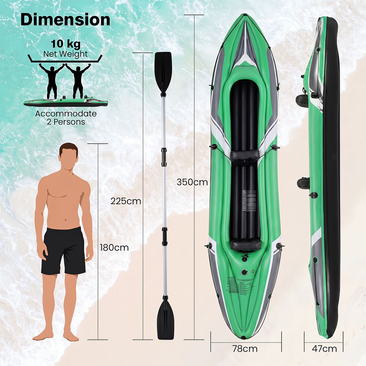 Kayak gonflable Coast pour 2 personnes - PVC renforcé - avec pagaies en aluminium et dossiers - vert/noir 350 x 78 x 47 cm