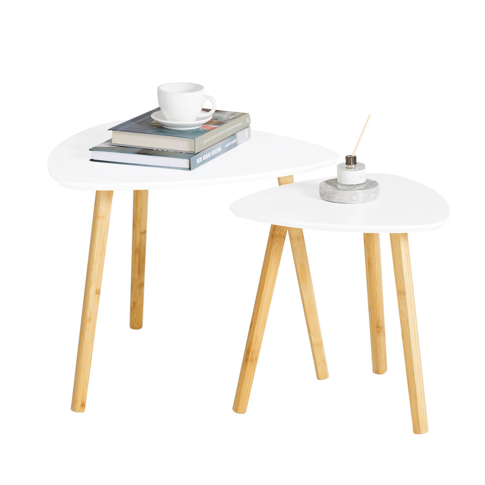 Lot de 2 petites tables avec étagères, table basse, table de salon, petite table, bambou, blanc/naturel