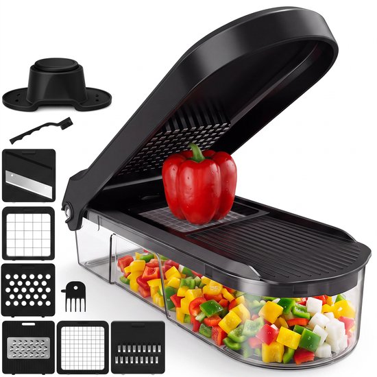 Coupe-légumes Toivo Kitchen - Sans BPA - Multifonction - Mandoline de cuisine 7 en 1 - Manuelle - Accessoires de cuisine - Coupe-légumes - Coupe-oignons - Coupe-légumes en spirale - Coupe-frites - Noir
