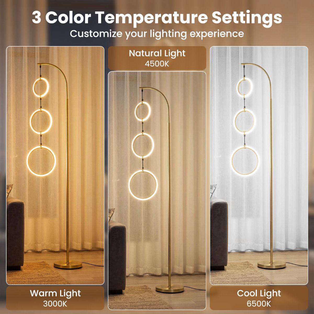 Lampe sur pied Coast - intensité réglable avec interrupteur au pied - 3 anneaux lumineux LED - dorée